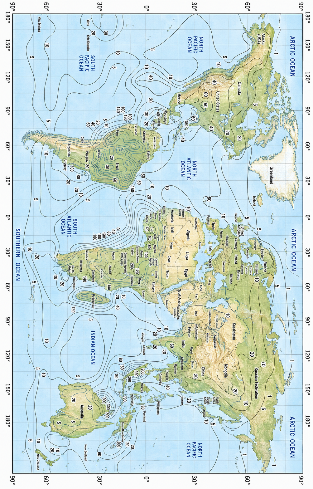 World keraunic map showing average thunderstorm days per year